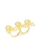 Anel Duplo 3 Caveiras Pirata Strass Dourado