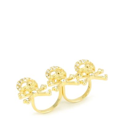 Anel Duplo 3 Caveiras Pirata Strass Dourado